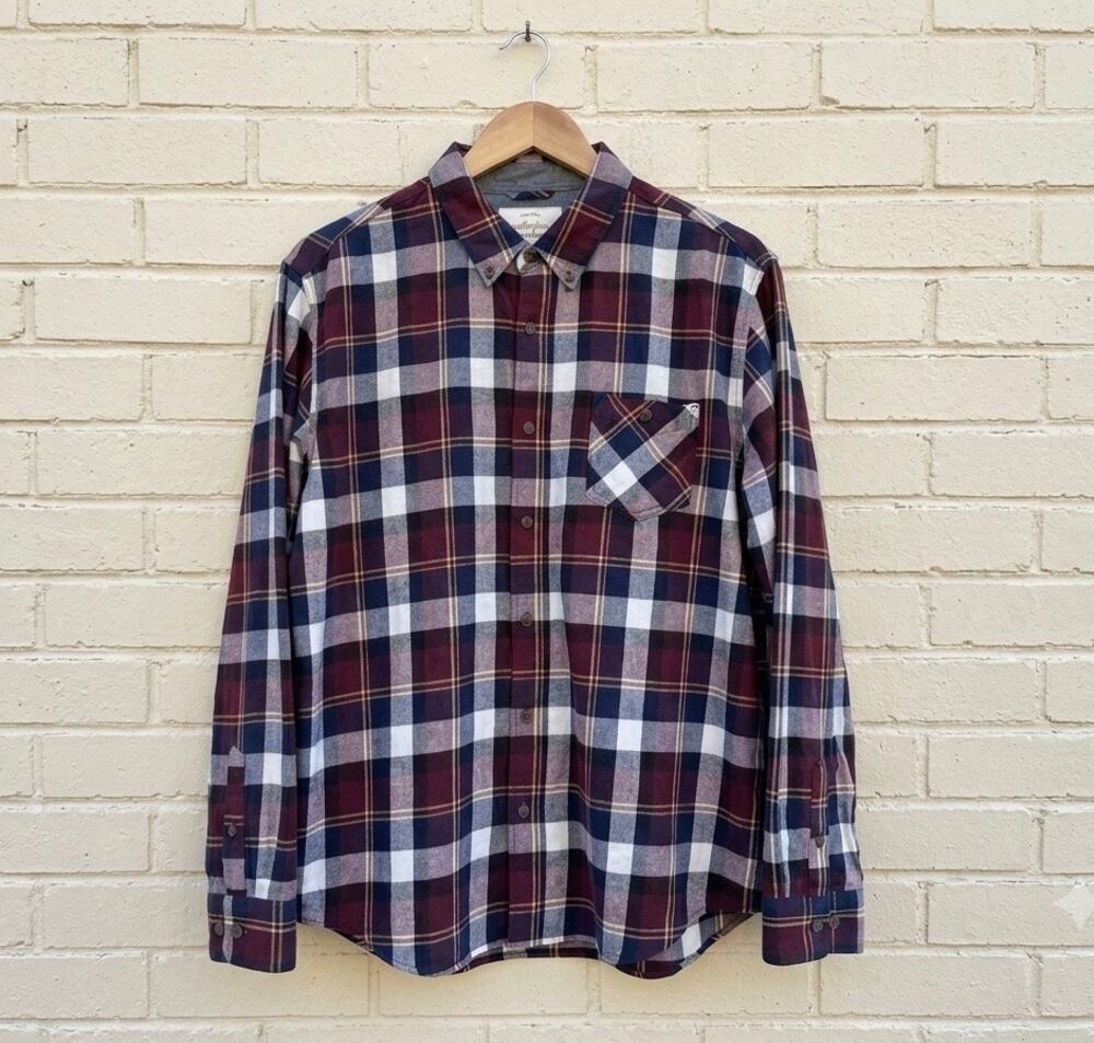 Weatherproof Vintage Plaid Flannel Button Down Shirt Burgundy Blue Grandpacore
